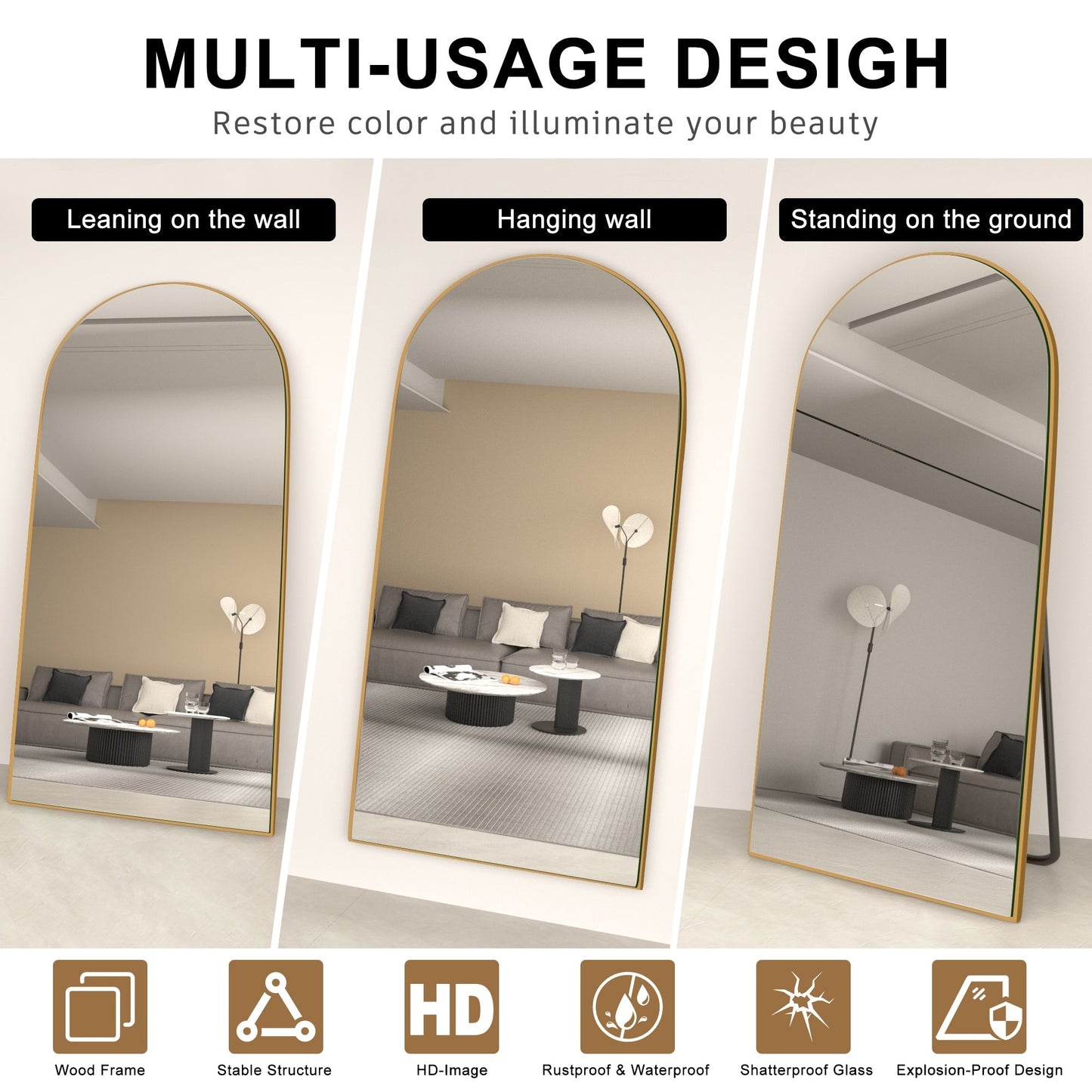 Miroir de sol en bois arqué pleine longueur, miroir mural