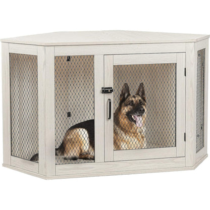 Niche d'angle pour chien Bossin, niche en bois de 44/52 pouces avec filet, niche décorative en bois pour chien, idéale pour l'intérieur