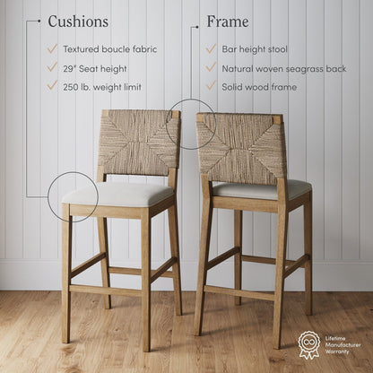 Tabouret de bar Beacon Bohemian Boucle, chaise de comptoir rembourrée avec cadre en bois massif et dossier en jonc de mer tressé