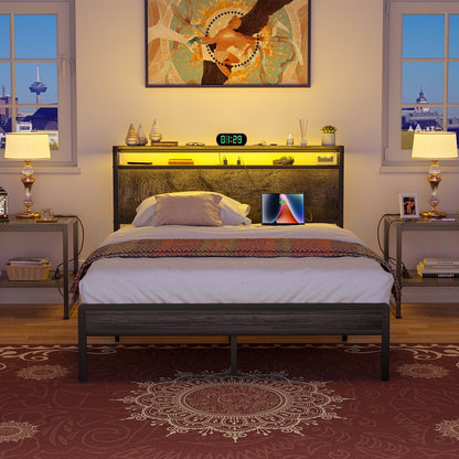 Cadre de lit plateforme en bois de style ferme avec station de charge et lumières LED