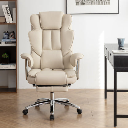 Fauteuil de bureau inclinable ergonomique pivotant à 360° en cuir reconstitué beige avec dossier haut et support lombaire, repose-pieds et hauteur réglable
