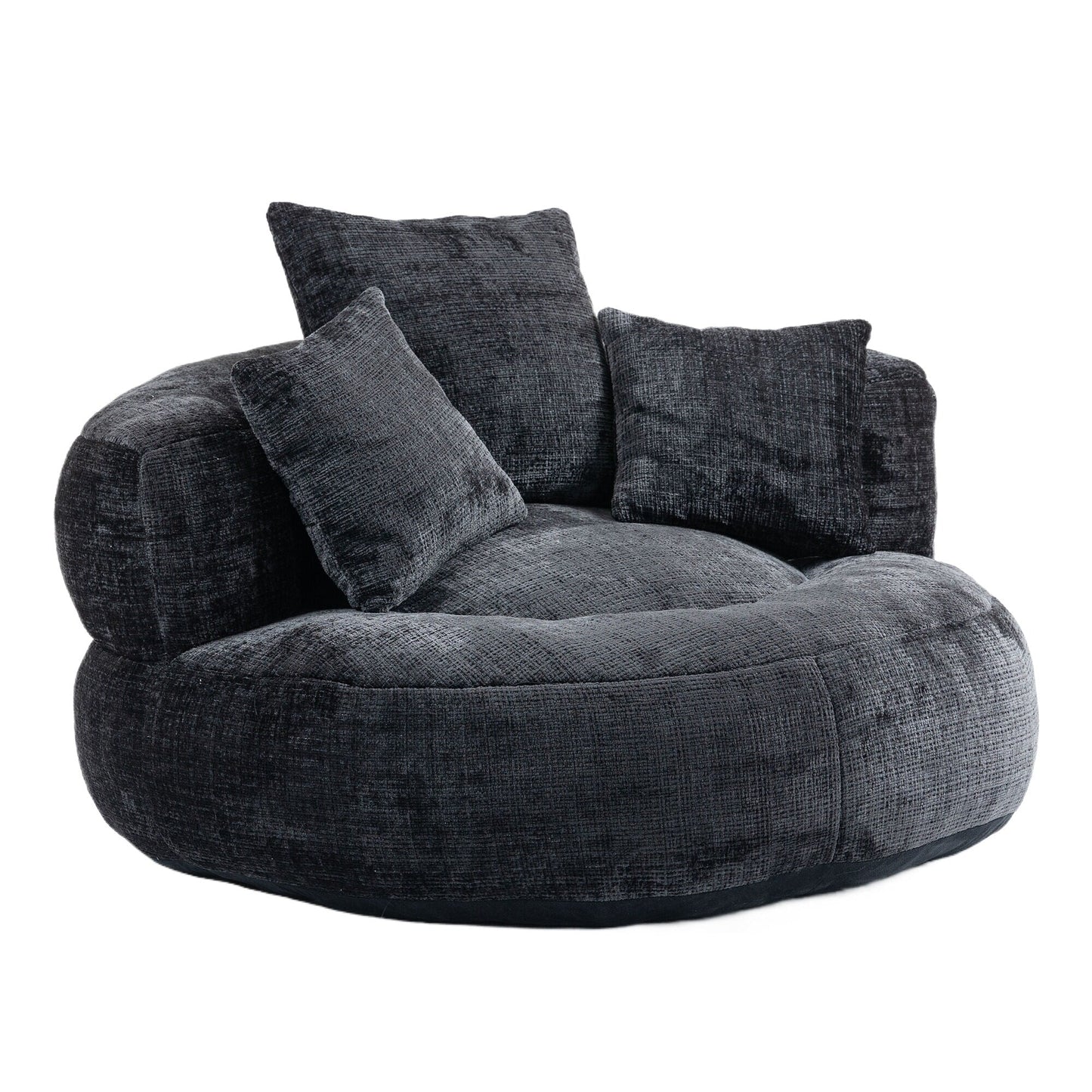 Pouf simple surdimensionné en chenille noir de 42,52 pouces avec trois oreillers pour chambre à coucher