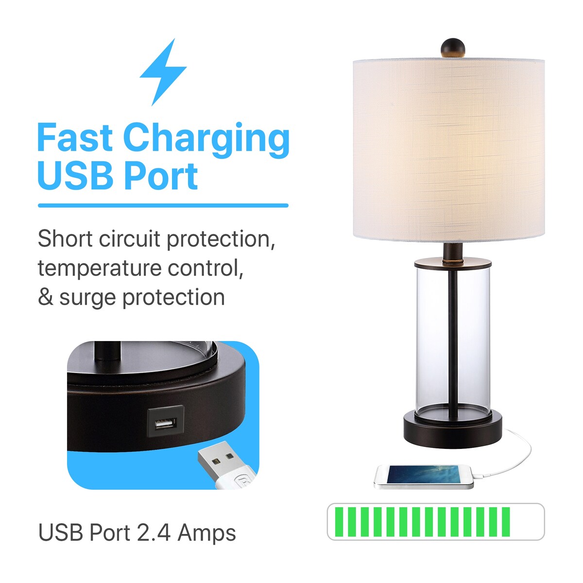 Lampe de table à LED Cabell 21 en verre, contemporaine et moderne, avec chargeur USB, bronze huilé (lot de 2) par JONATHAN Y