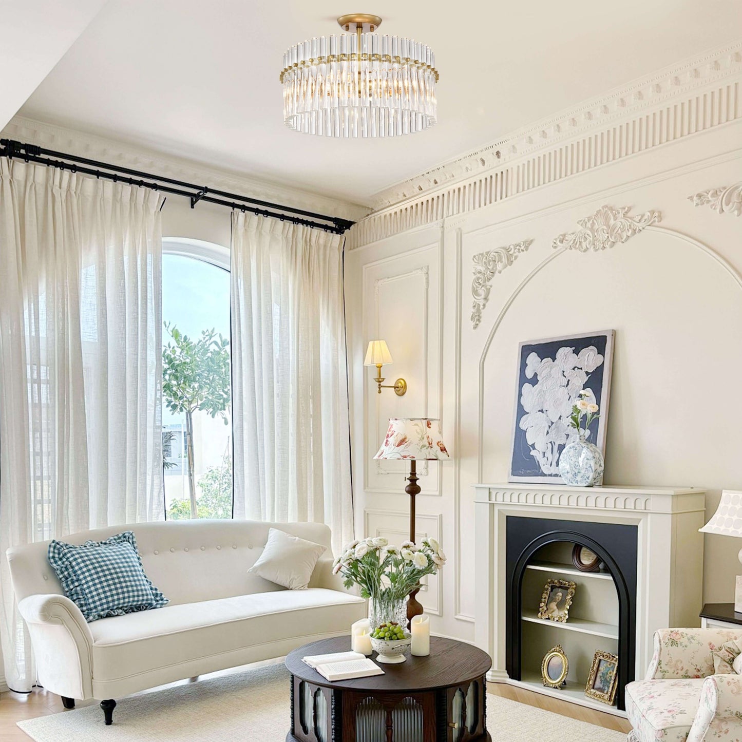 Plafonnier Casandra à 4 lumières en laiton brossé et cristal