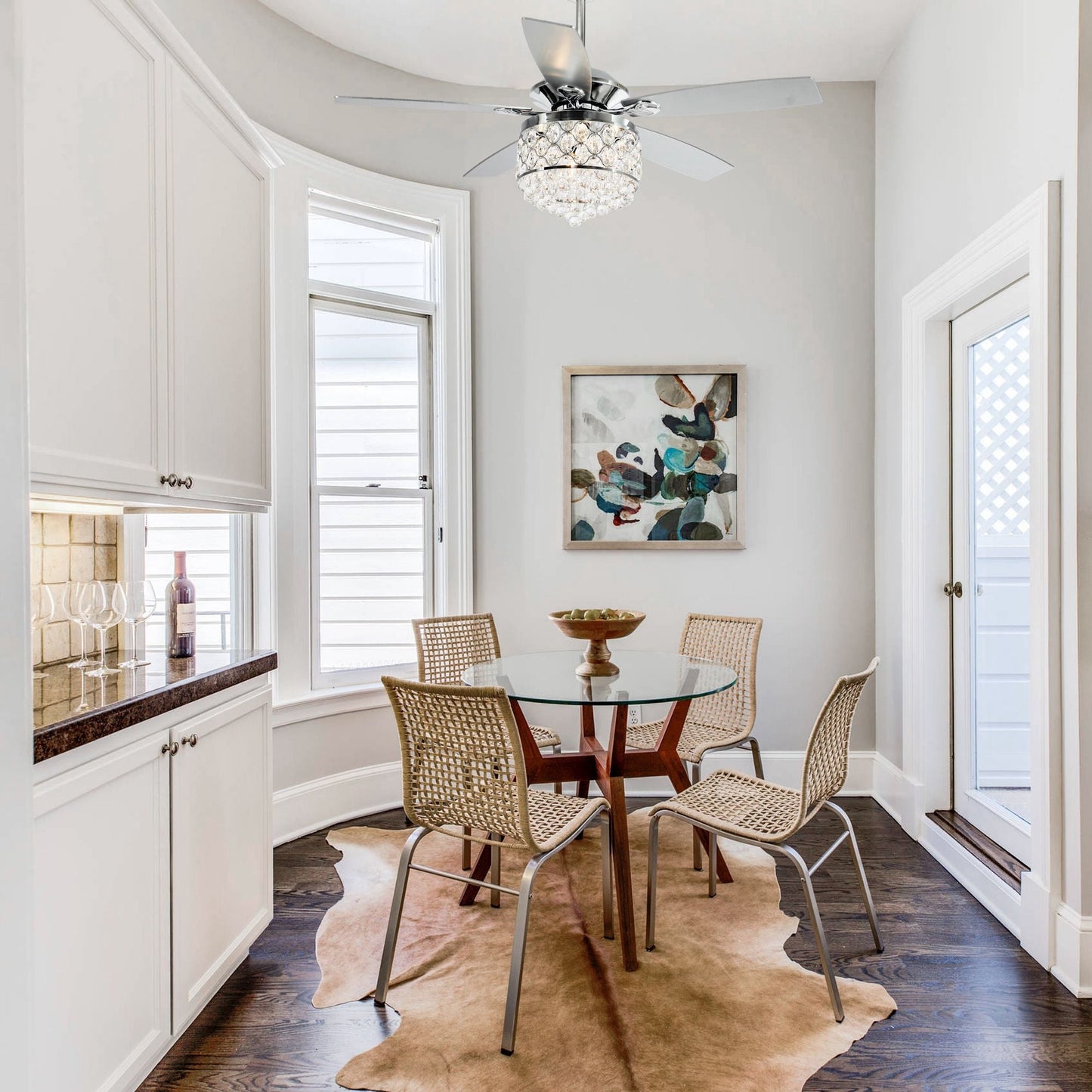 Lustre/ventilateur de plafond à 4 lumières en chrome/cristal avec télécommande