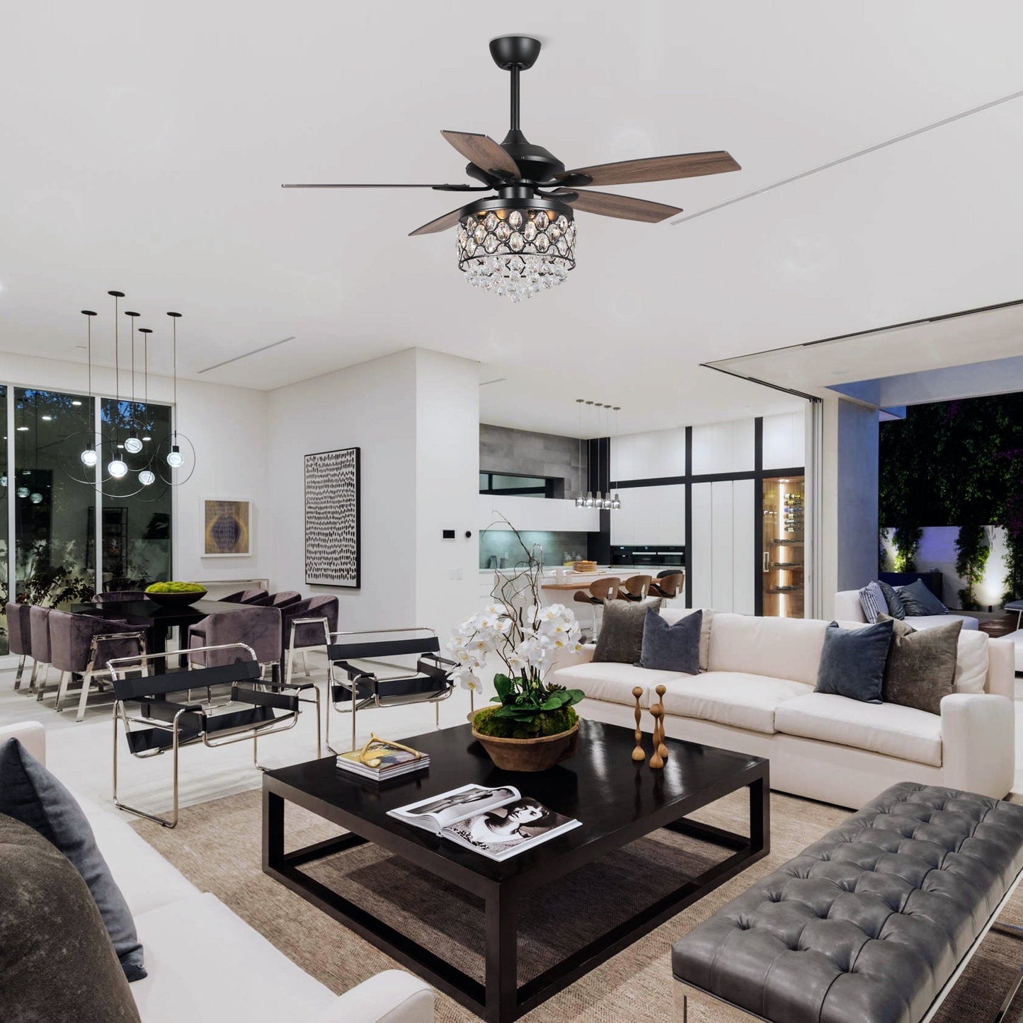 Lustre/ventilateur de plafond à 4 lumières en chrome/cristal avec télécommande