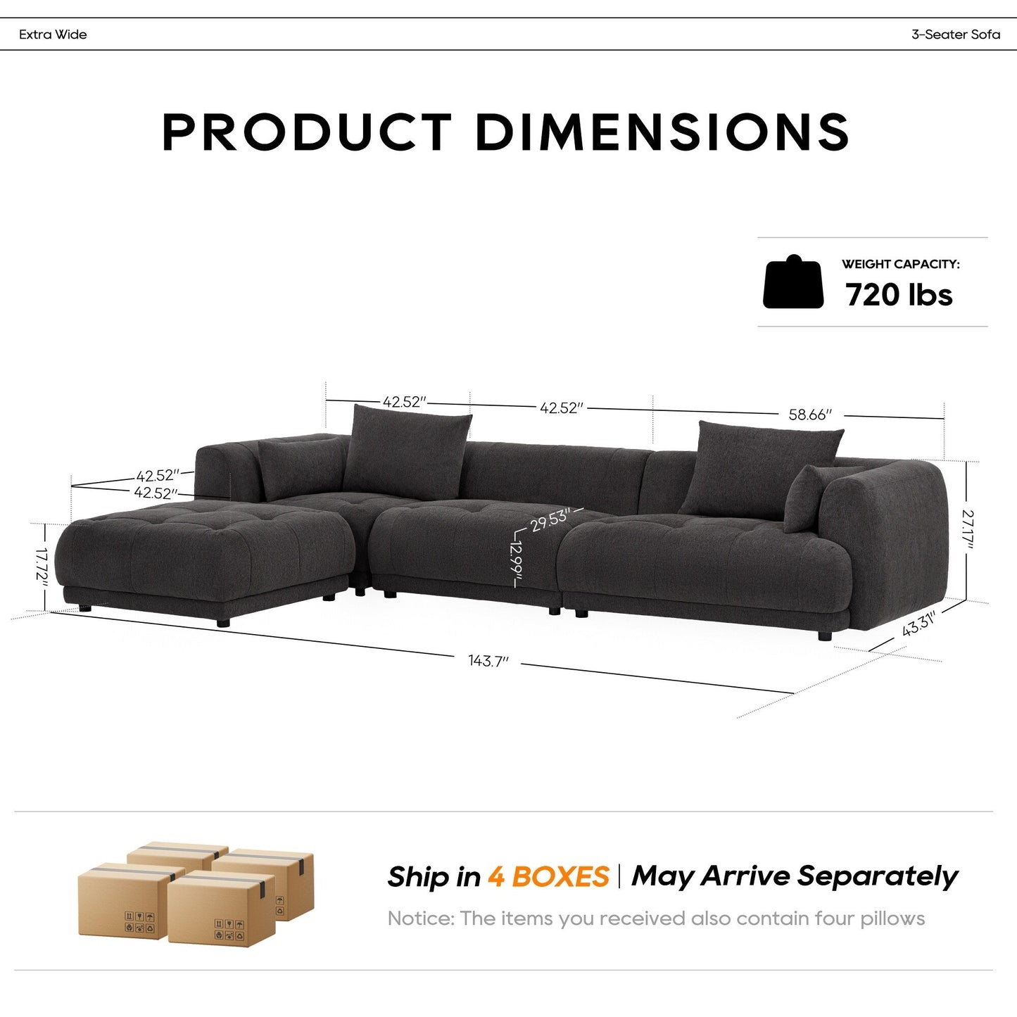 Canapé modulaire Cloud 144 avec pouf - Canapé de salon en tissu chenille moelleux