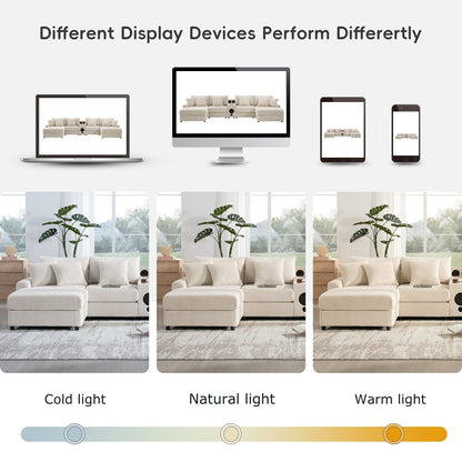 Canapé sectionnel en velours côtelé avec haut-parleurs Bluetooth, chargeur USB, porte-gobelets, rangement, pouf, assise profonde et large