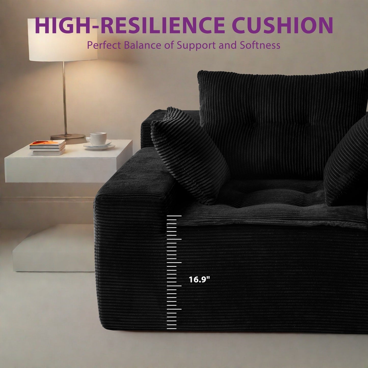 Canapé pouf rembourré en velours côtelé et mousse à mémoire de forme avec pouf - 48,4 L x 67,7 l x 24,4 H