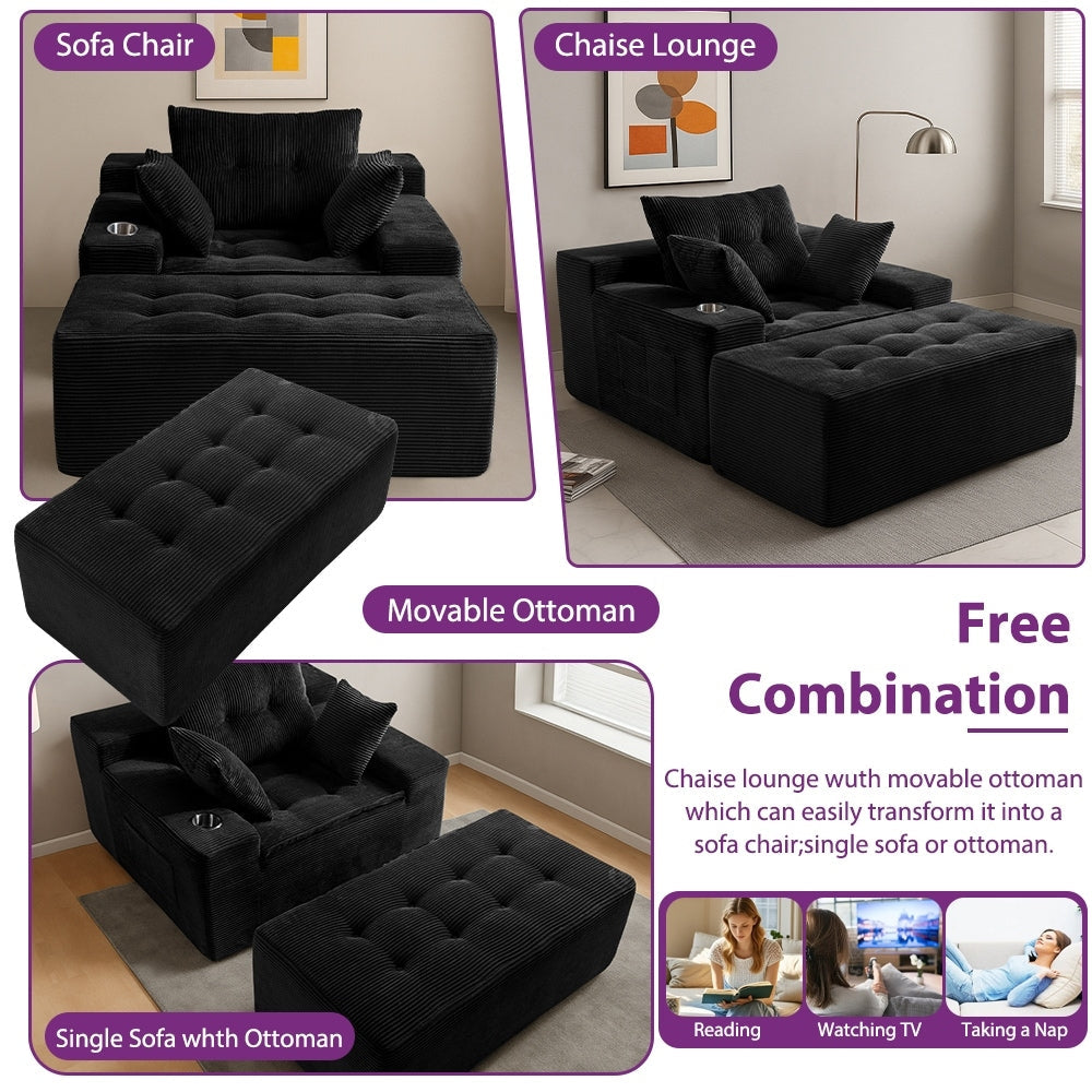 Canapé pouf rembourré en velours côtelé et mousse à mémoire de forme avec pouf - 48,4 L x 67,7 l x 24,4 H