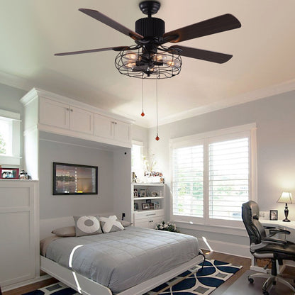 Ventilateur de plafond industriel CurveCurio Farmhouse noir à 5 lumières avec éclairage, télécommande et chaîne de traction 42-48-52 pouces