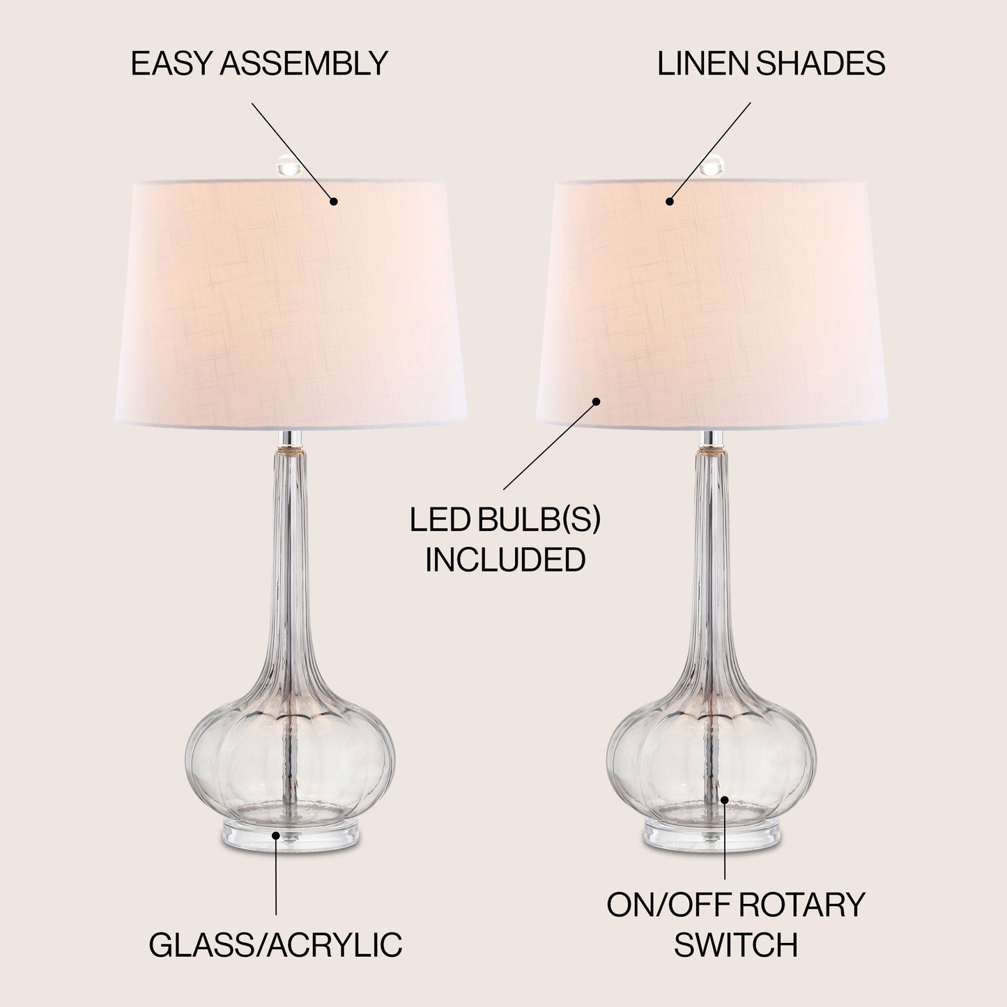Lampe de table à LED Diamante 28,5 en verre rose (lot de 2) par JONATHAN Y