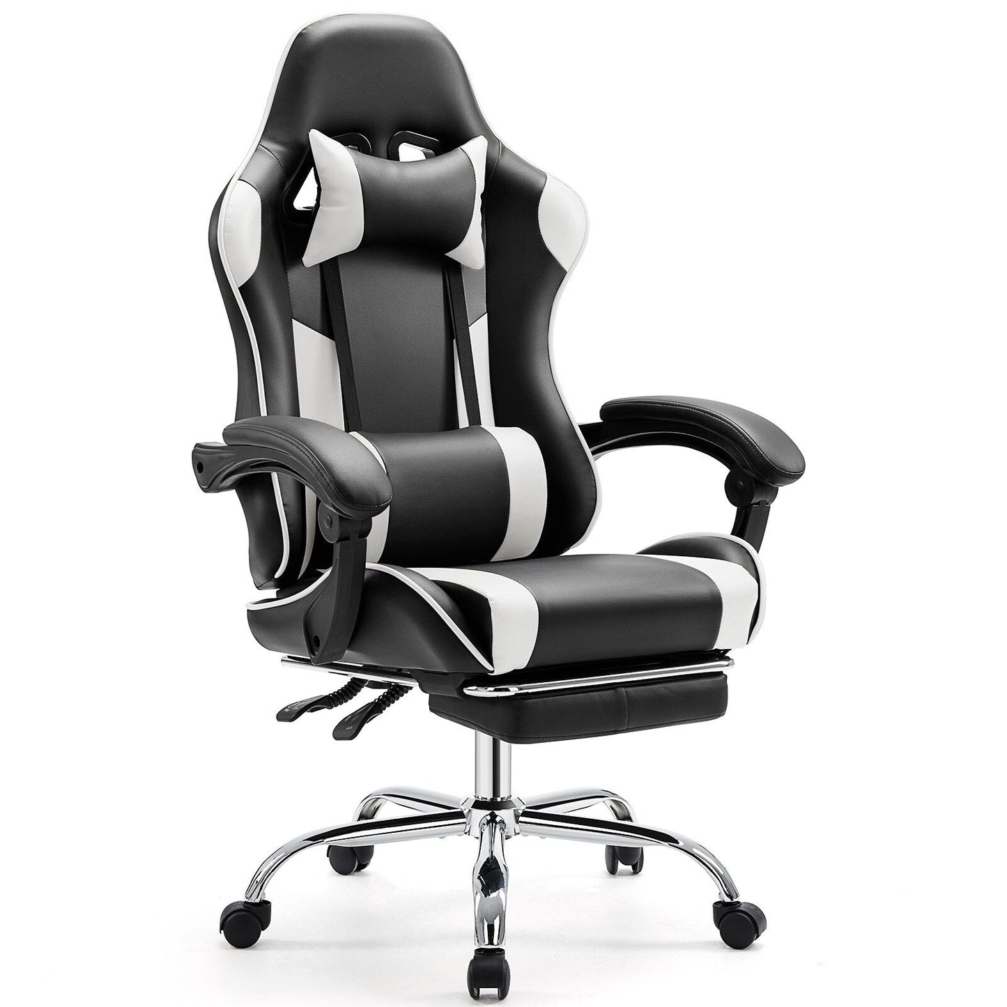 Fauteuil de jeu ergonomique pivotant à 360° en cuir PU avec repose-pieds, appui-tête, support lombaire et hauteur réglable