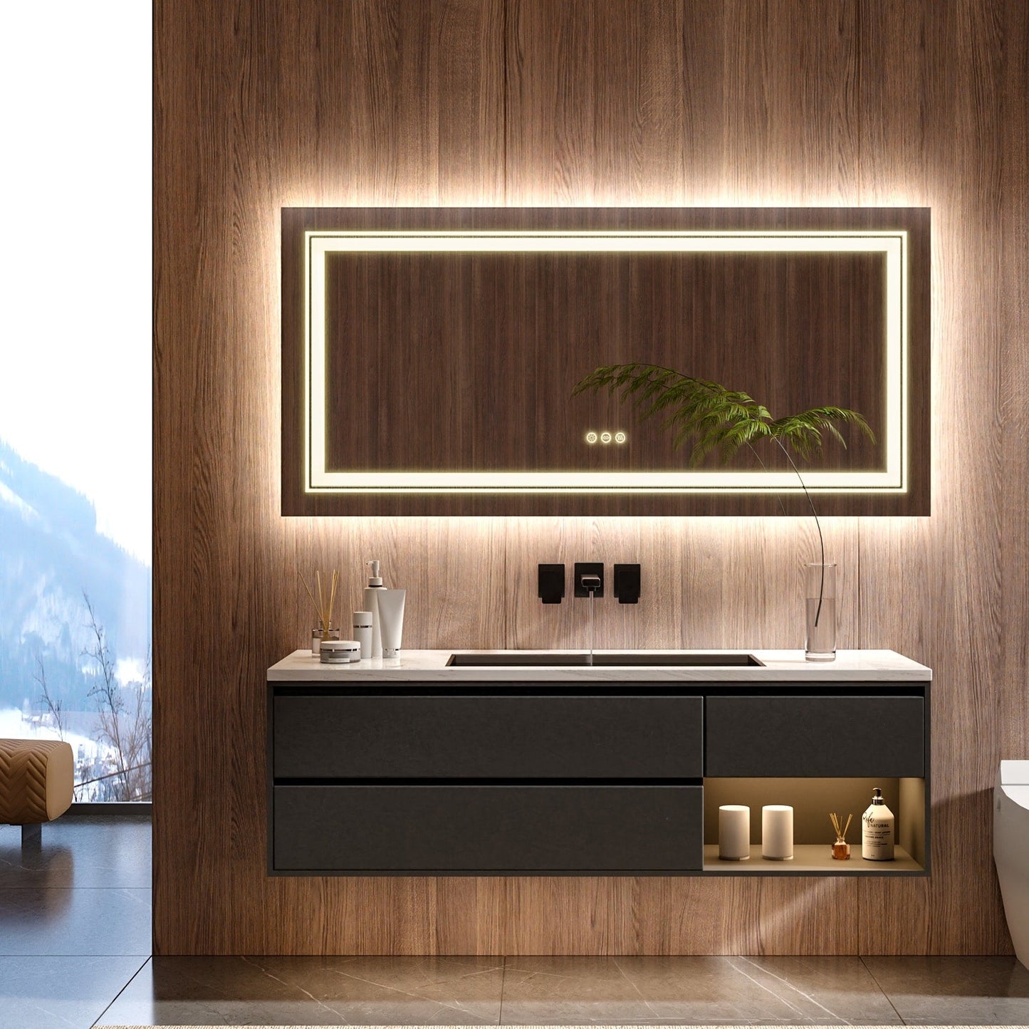 Miroir de salle de bain extra large avec éclairage LED, antibuée, 3 couleurs