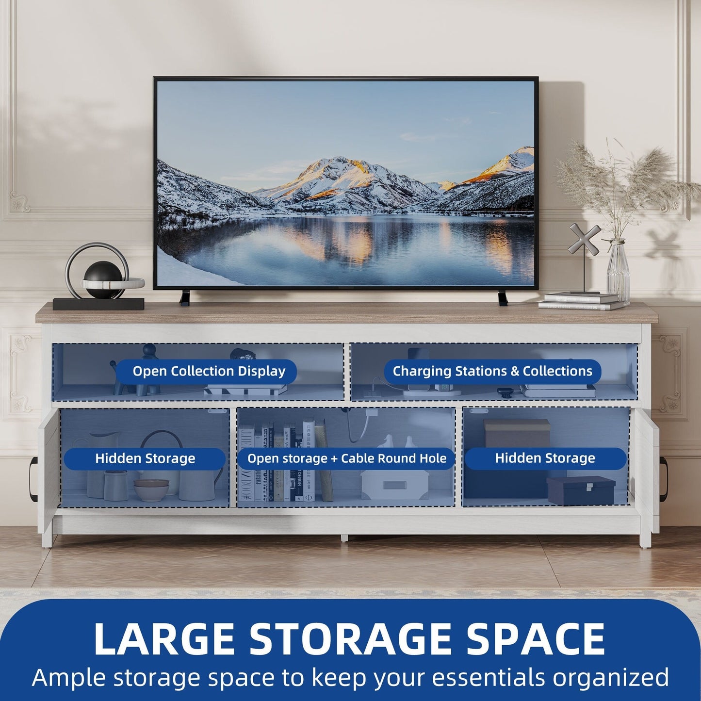 Meuble TV Farmhouse pouvant accueillir jusqu'à 65 téléviseurs avec portes et étagères ouvertes Console multimédia Prise de courant