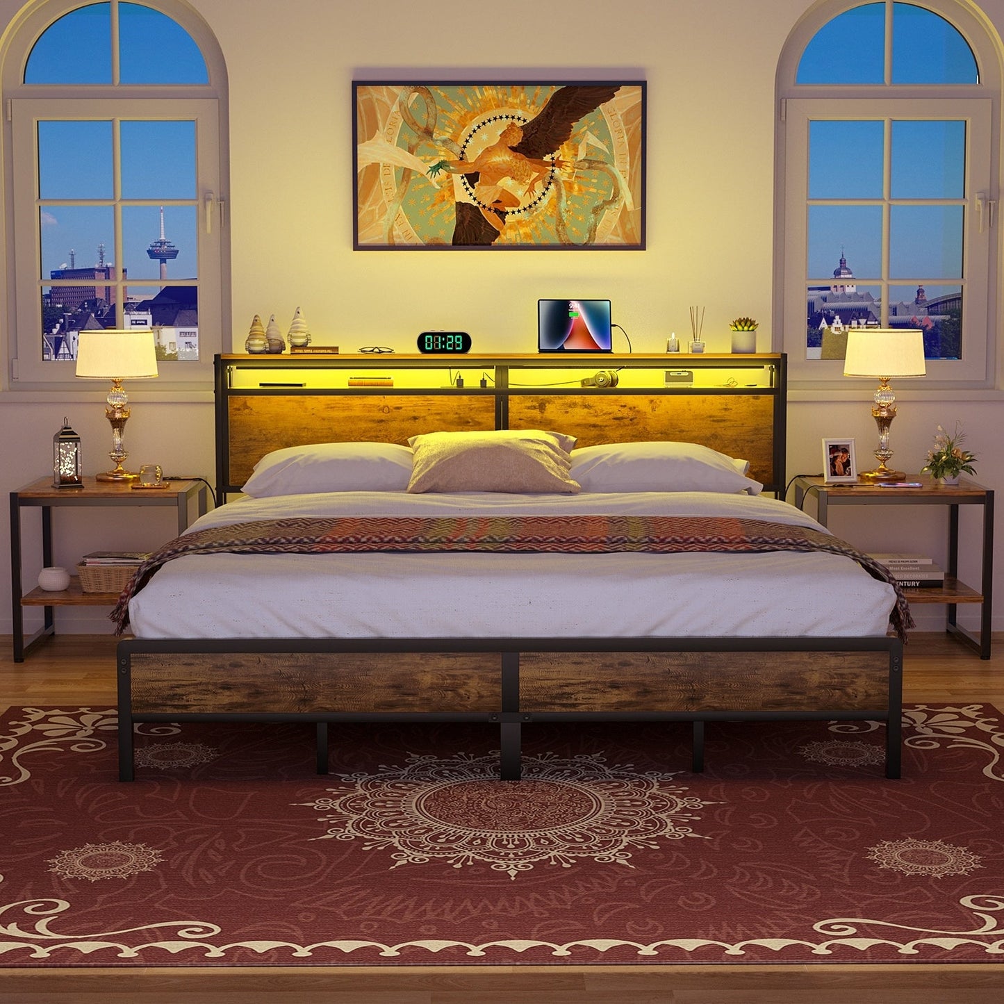 Cadre de lit plateforme en bois de style ferme avec station de charge et lumières LED