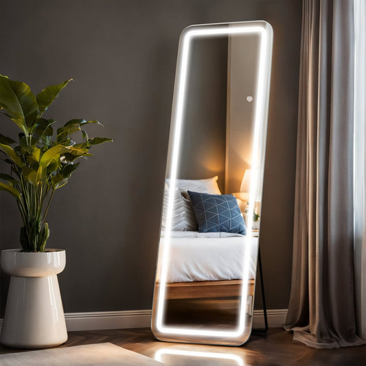 Miroir de sol avec éclairage LED, 64 x 21, miroir pleine longueur avec support, miroir suspendu, miroir mural, miroir intégral