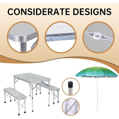 Table de pique-nique pliante et parasol pour camping, jardin, terrasse, fête sur la pelouse - Blanc avec parasol