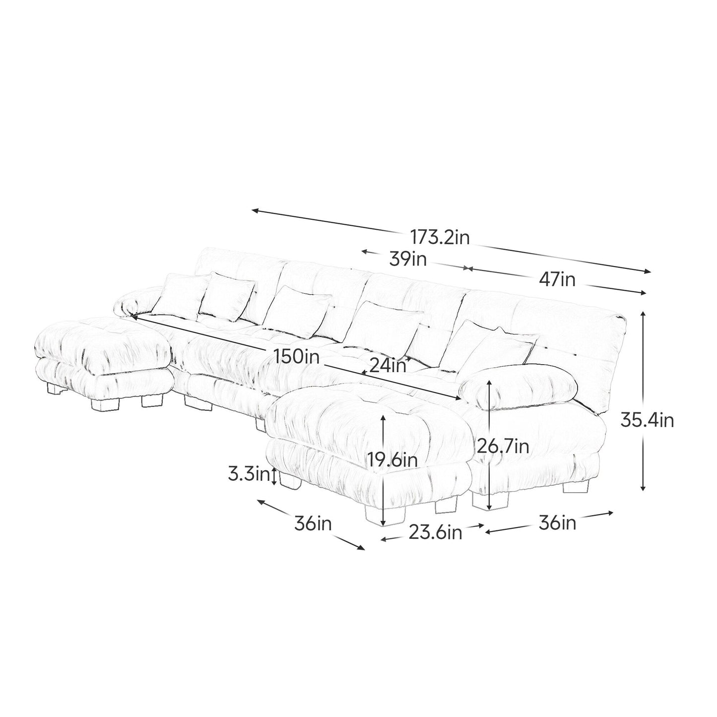 Canapé modulable 4 places en chenille avec 2 poufs et oreiller pour le salon