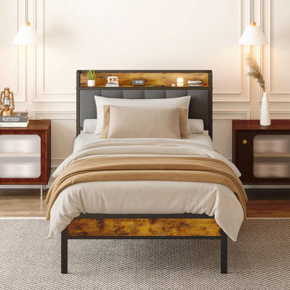 Cadre de lit plateforme en métal pour lit simple, double, queen ou king size avec tête de lit rembourrée et rangement