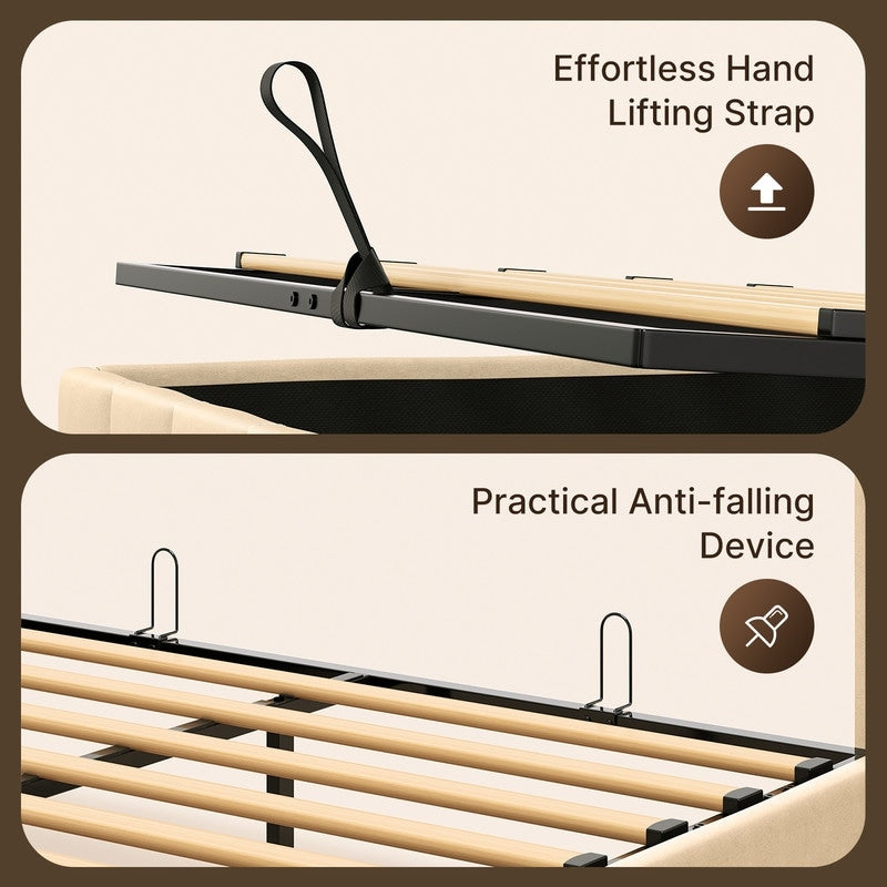 Cadre de lit relevable avec rangement, cadre de lit plateforme rembourré avec système de rangement hydraulique et tête de lit
