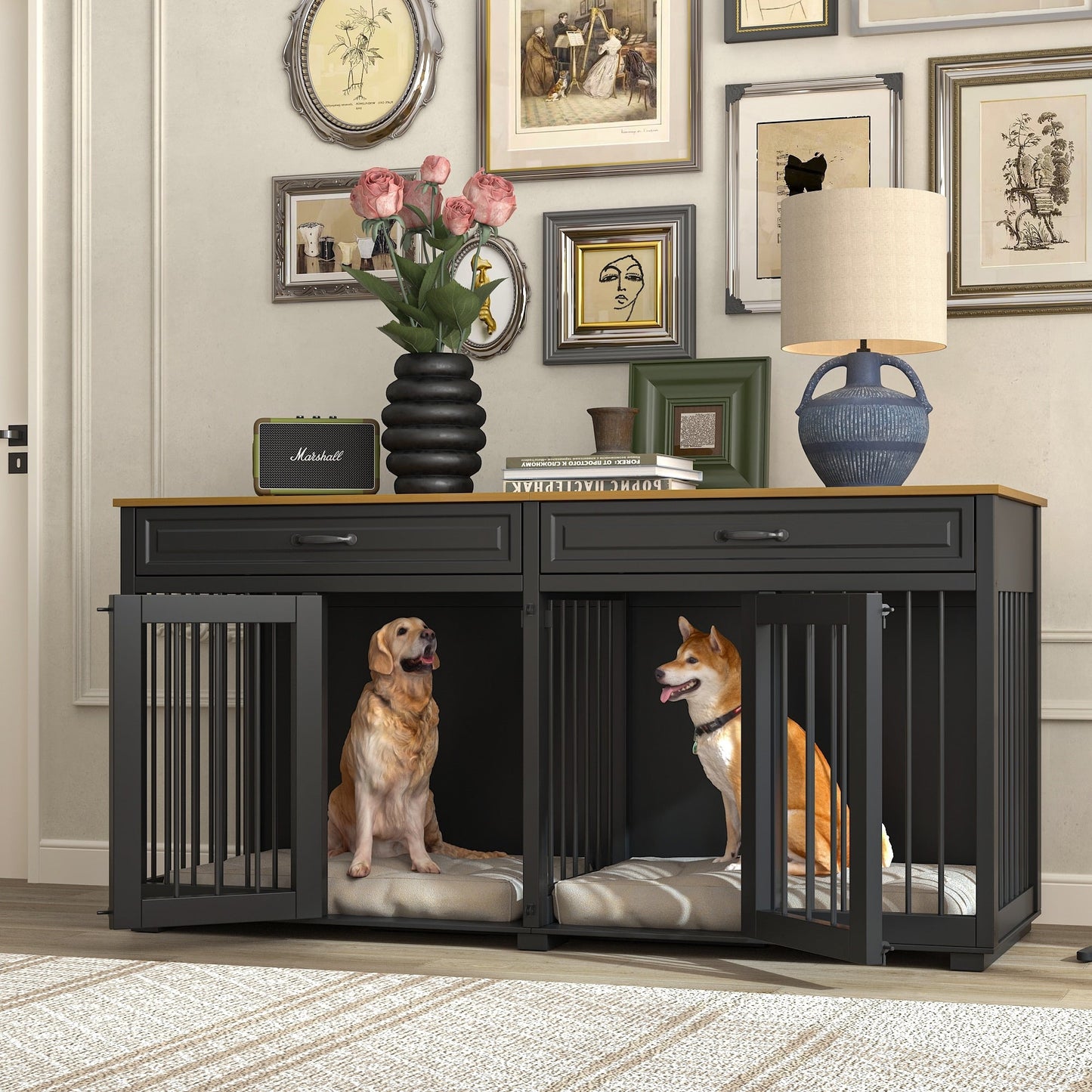 Cage pour chien de style meuble, niche en bois de 64,5 pouces pour grand chien