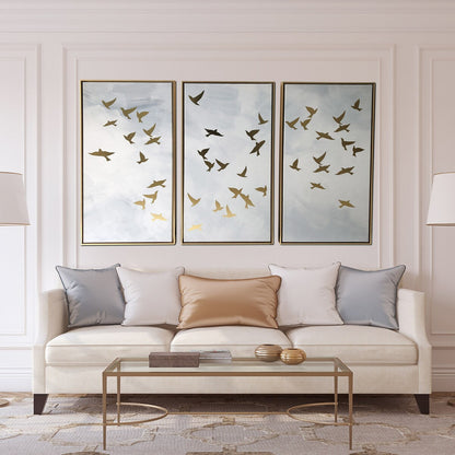 Ensemble de 3 impressions sur toile encadrée dorée Golden Birds