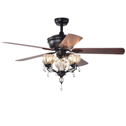 Ventilateur de plafond Garlow noir mat à 5 pales avec lustre en cristal et coupelles en forme de fleurs (télécommande incluse) - 52 pouces de diamètre