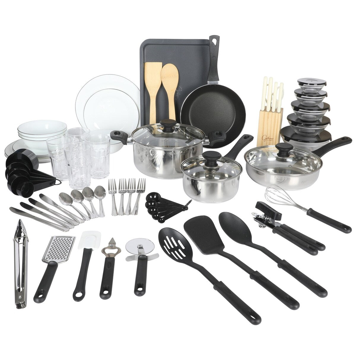 Ensemble de cuisine Gibson Home 74 pièces : ustensiles de cuisine, vaisselle, couverts, ustensiles et gadgets, rangement et verrerie