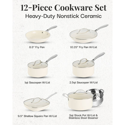 Batterie de cuisine Gotham Steel Cream 12 pièces, casseroles et poêles, en céramique ultra antiadhésive avec poignées isolantes