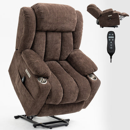 Fauteuil inclinable électrique en chenille grise avec massage, chauffage lombaire, ports USB et Type-C et porte-gobelets en acier inoxydable