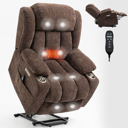 Fauteuil inclinable électrique en chenille grise avec massage, chauffage lombaire, ports USB et Type-C et porte-gobelets en acier inoxydable