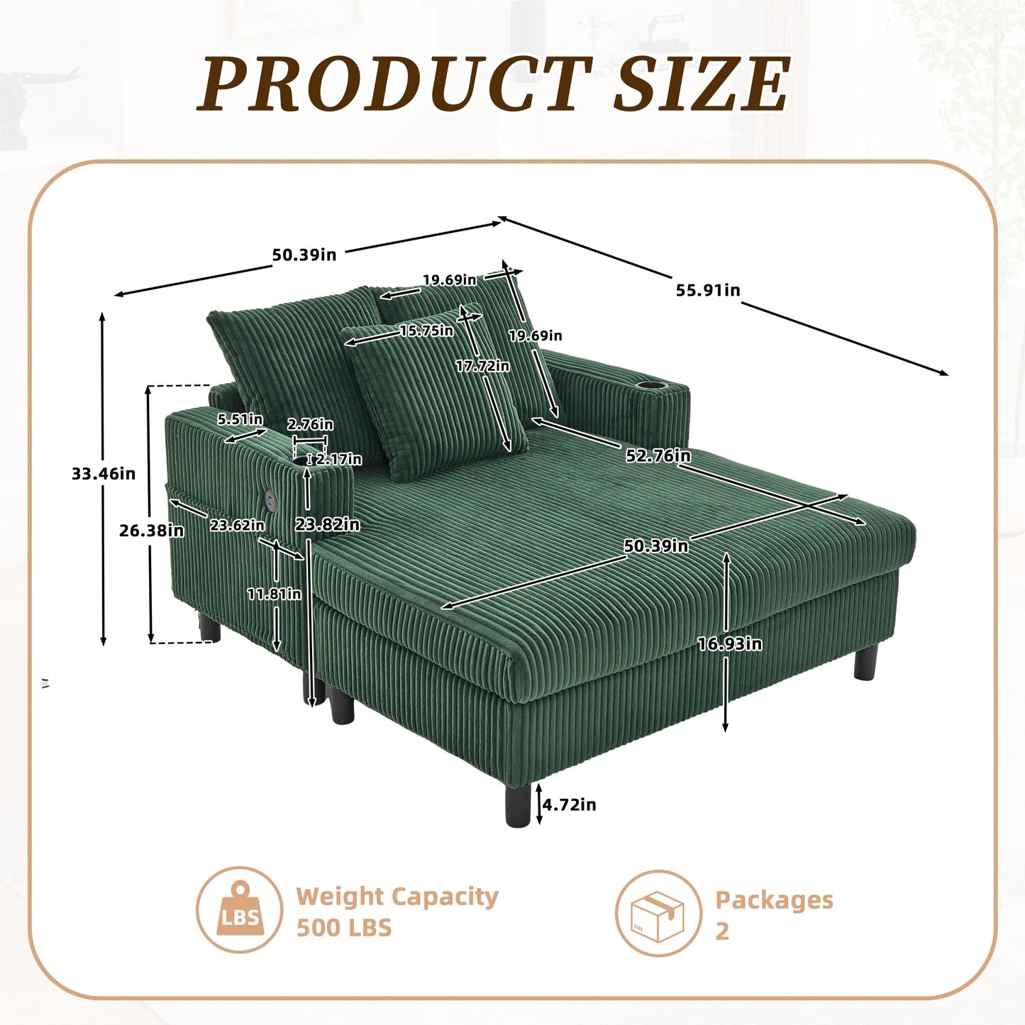 Canapé-lit inclinable surdimensionné HOMEFUN en velours côtelé avec éclairage LED RVB, porte-gobelet, port USB et 3 oreillers