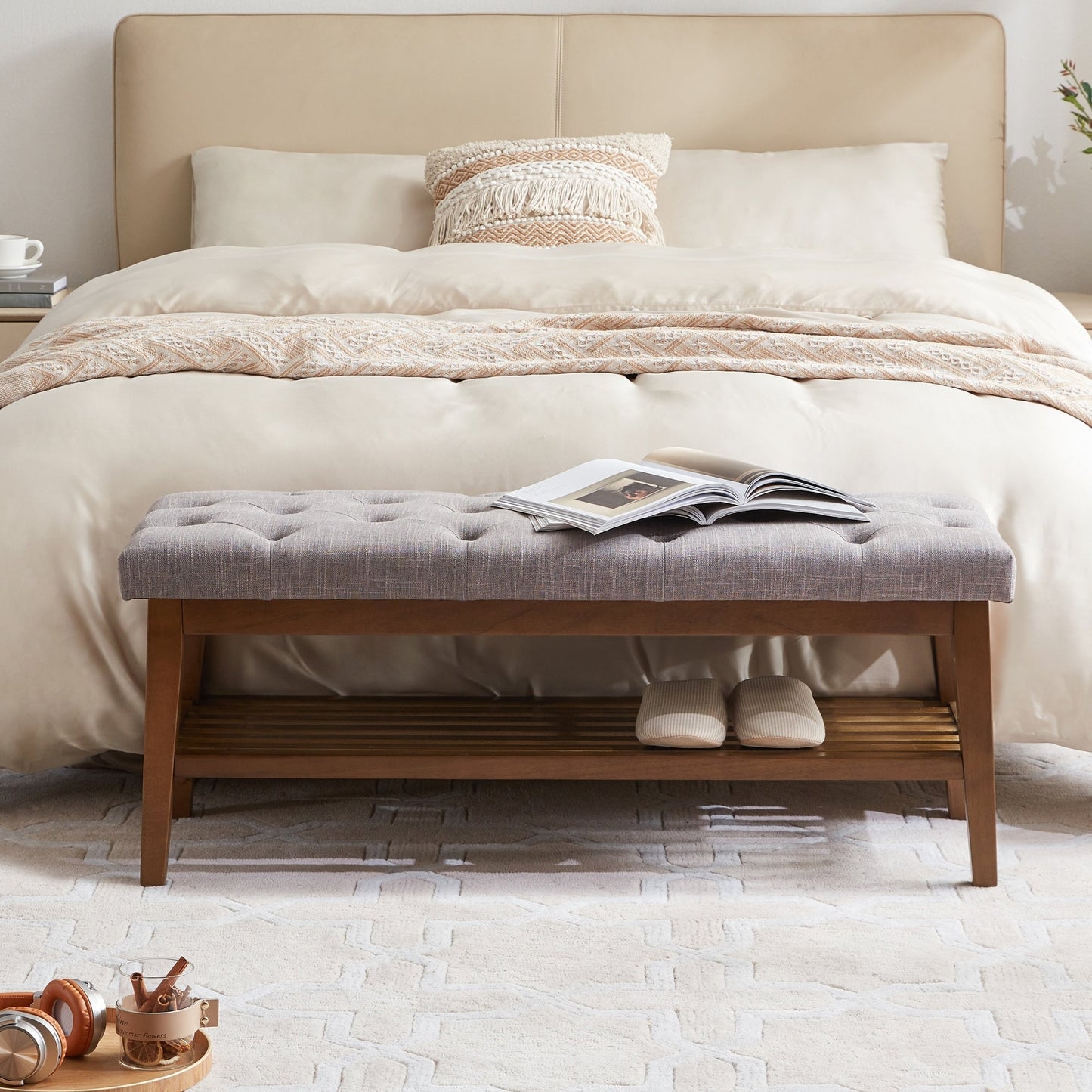 Banc à chaussures d'entrée, banc de rangement en tissu et bois massif, banc rembourré de 43 pouces pour salon et chambres