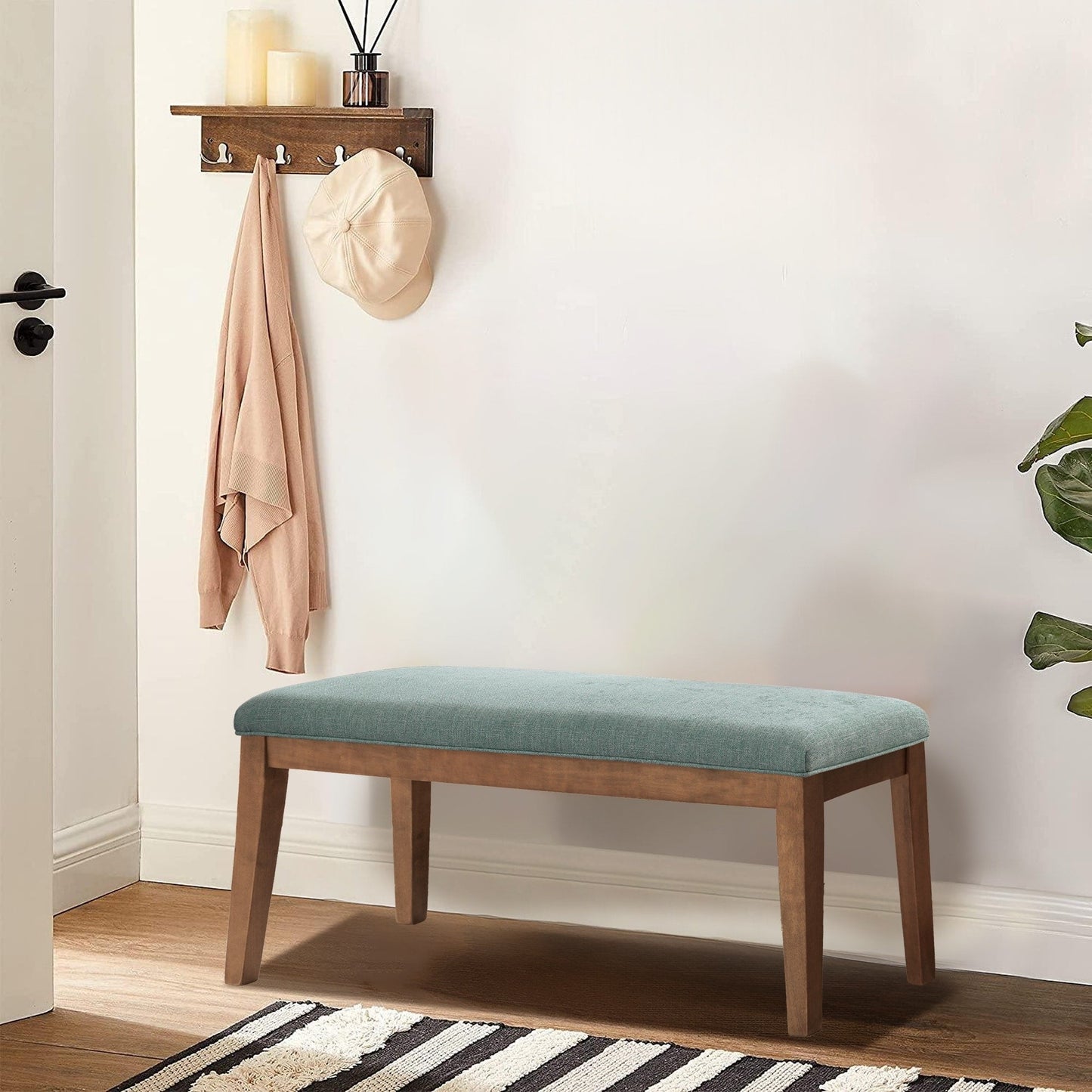 Banc d'entrée rembourré en tissu, banc de chambre pour bout de lit beige, bois massif 44 pouces