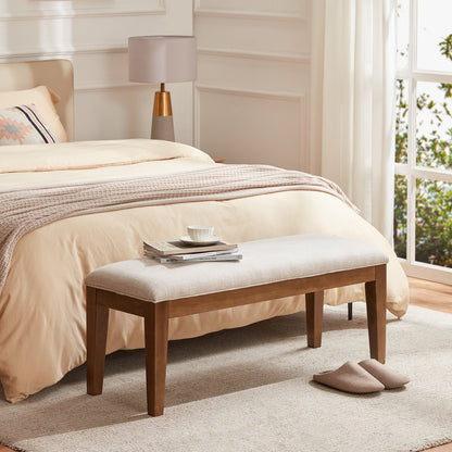 Banc d'entrée rembourré en tissu, banc de chambre pour bout de lit beige, bois massif 44 pouces