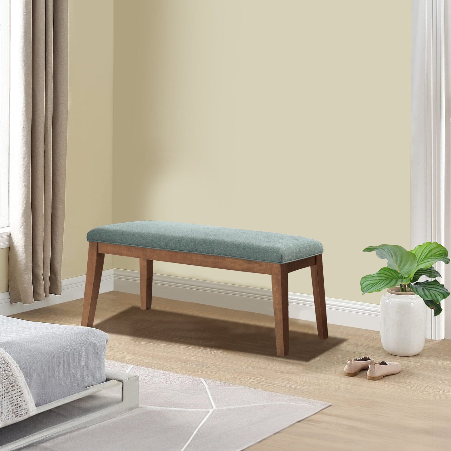 Banc d'entrée rembourré en tissu, banc de chambre pour bout de lit beige, bois massif 44 pouces