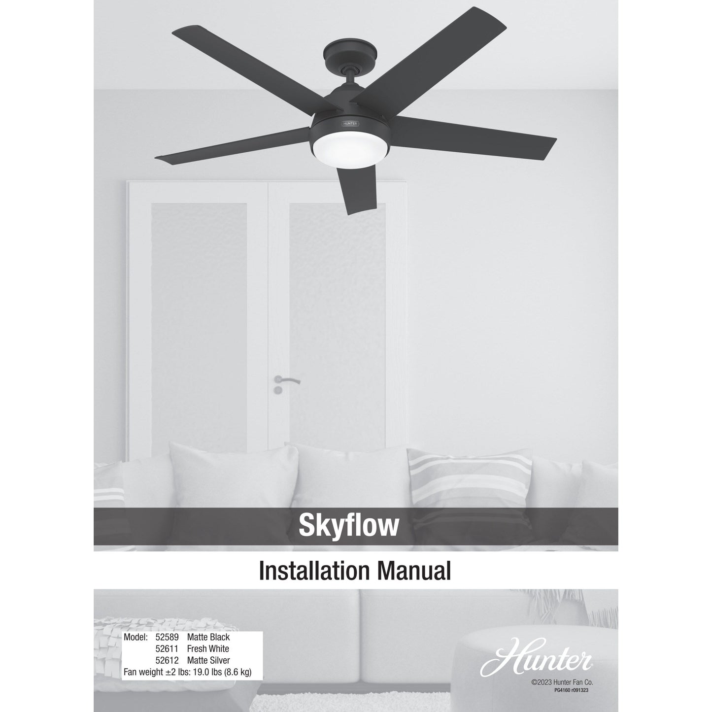 Ventilateur de plafond extérieur Hunter 52 Skyflow avec kit d'éclairage LED, commande murale - Côtier moderne contemporain - WeatherMax - CLASSÉ HUMIDE !