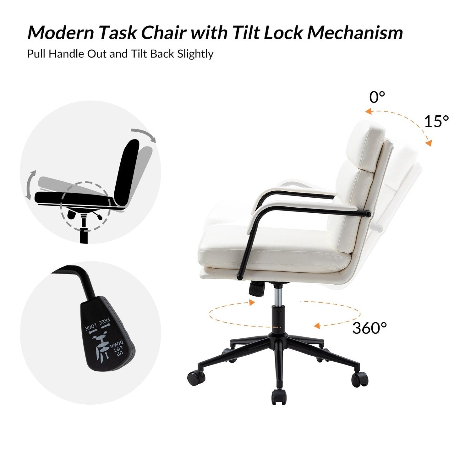 Chaise de travail moderne Joseph en similicuir avec verrouillage de l'inclinaison et inclinaison centrale par HULALA HOME