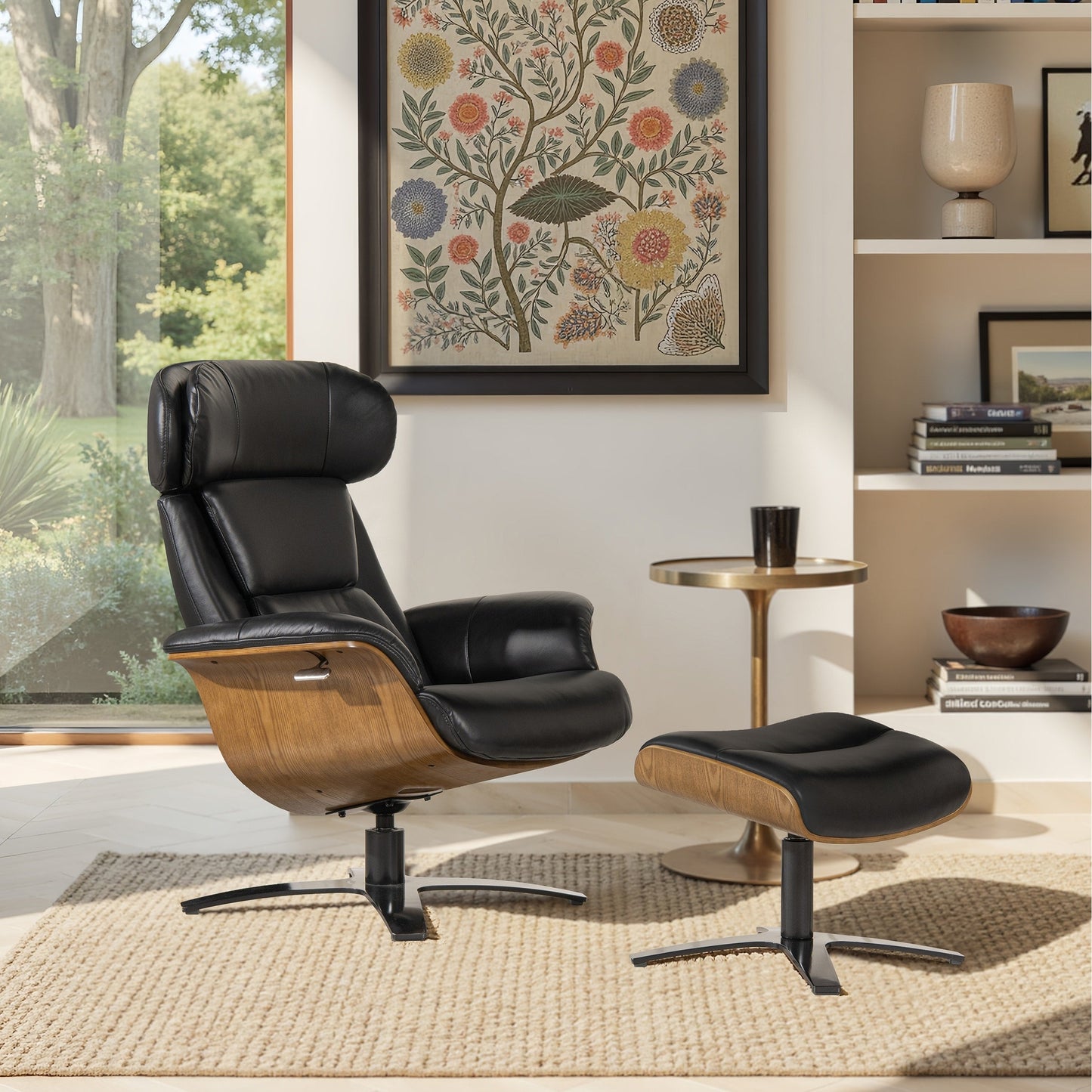 Fauteuil inclinable Jovan 31,5 en cuir véritable avec pouf