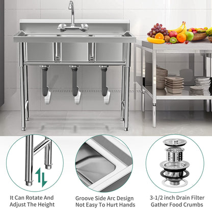 Évier de cuisine à cuve compartimentée en acier inoxydable, évier commercial autoportant