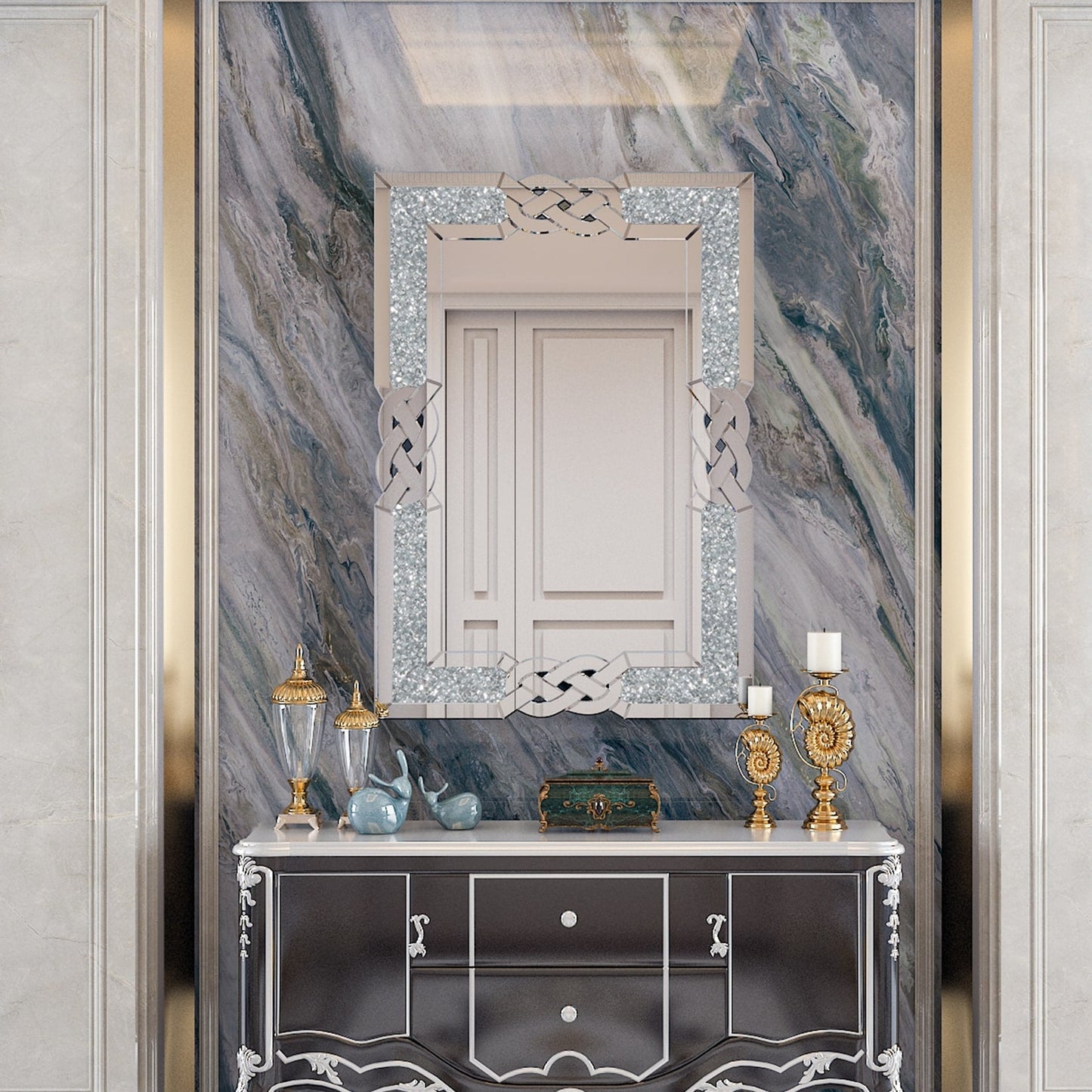 Grand miroir mural à emboîtement avec perles de cristal rectangulaires