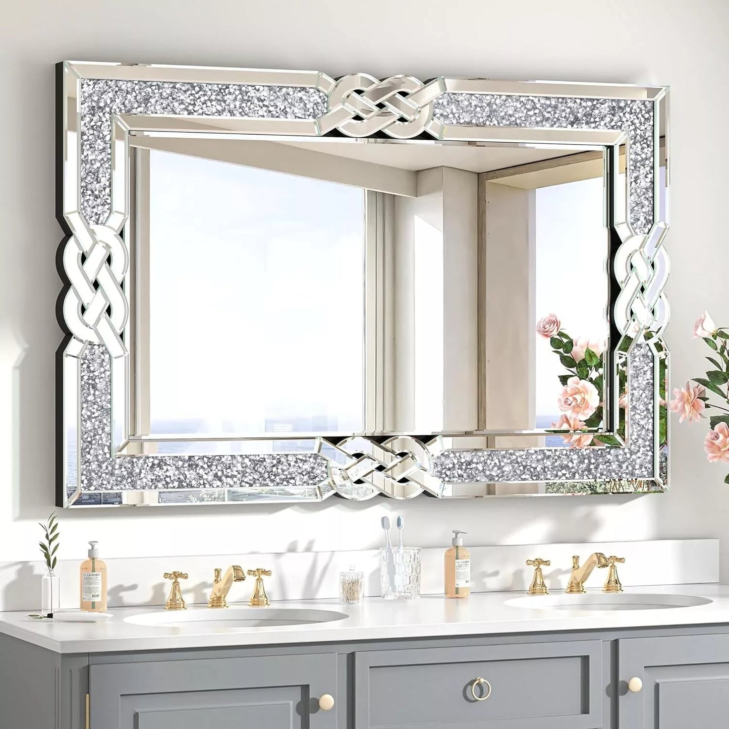 Grand miroir mural à emboîtement avec perles de cristal rectangulaires