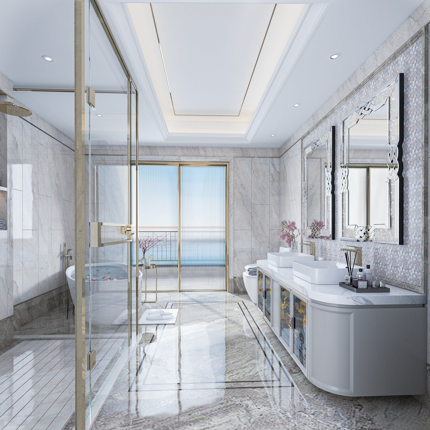 Grand miroir mural à emboîtement avec perles de cristal rectangulaires