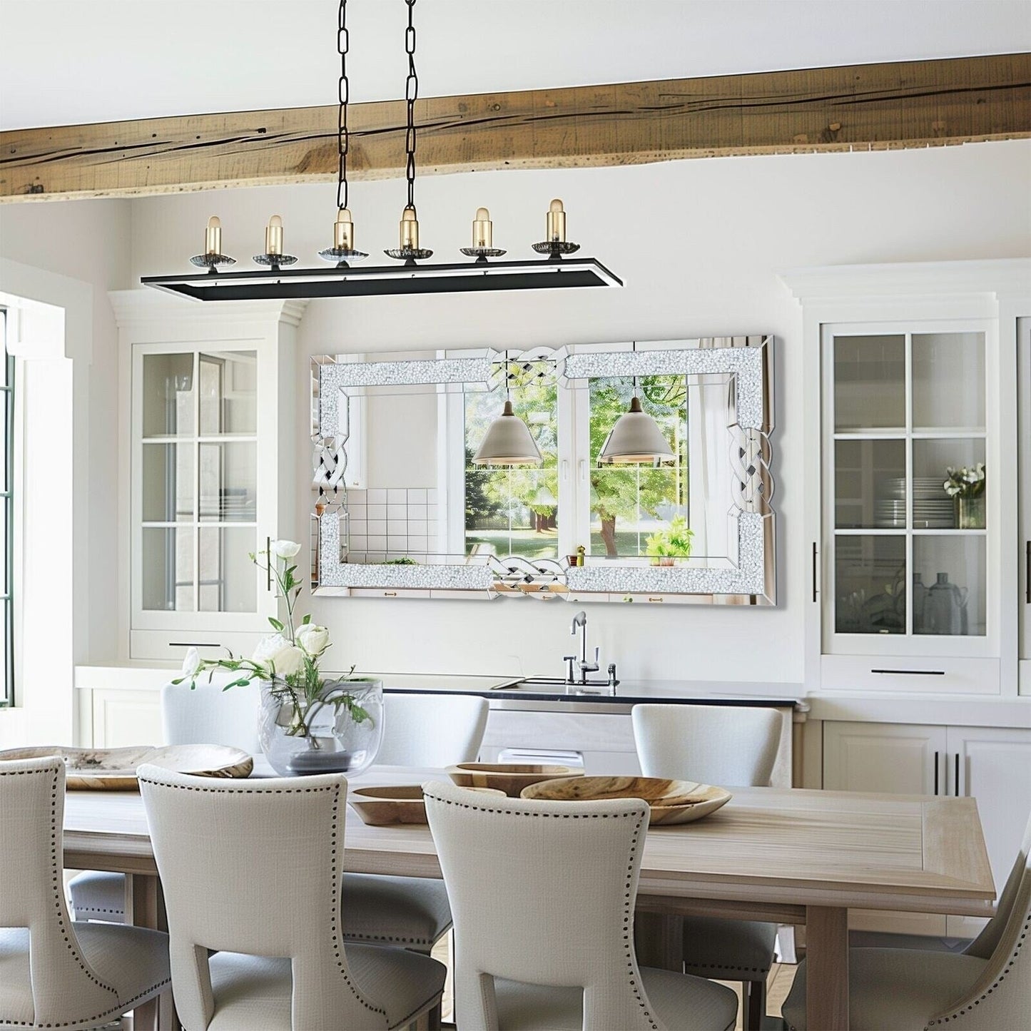 Grand miroir mural à emboîtement avec perles de cristal rectangulaires