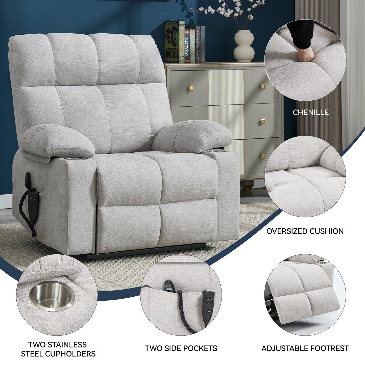 Fauteuil inclinable électrique Lazy Boy à double moteur en chenille avec massage et chauffage lombaire, deux porte-gobelets, gris-bleu