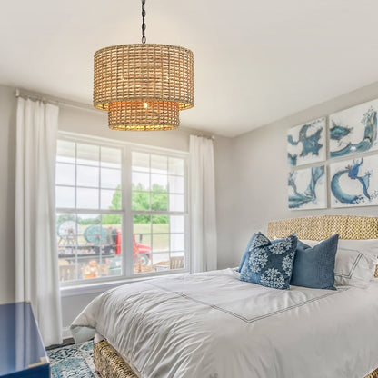 Lustre tambour à 4 lumières en rotin Lennie de 20 po avec auvent noir - 20 po de largeur - 20 po de largeur