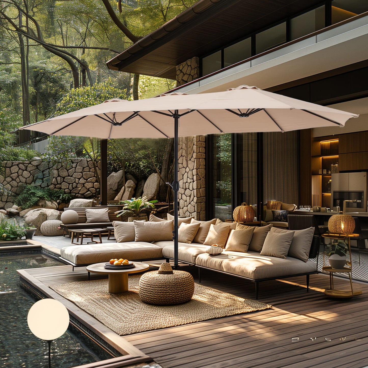 Parasol double extra large de 15 pieds pour patio double face de MAISON ARTS avec base incluse