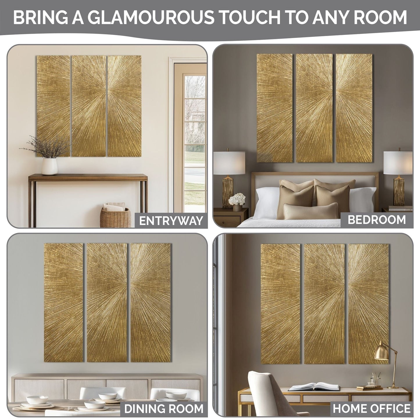 Ensemble de 3 triptyques muraux en résine dimensionnelle peints à la main Madison Park Signature Sunburst