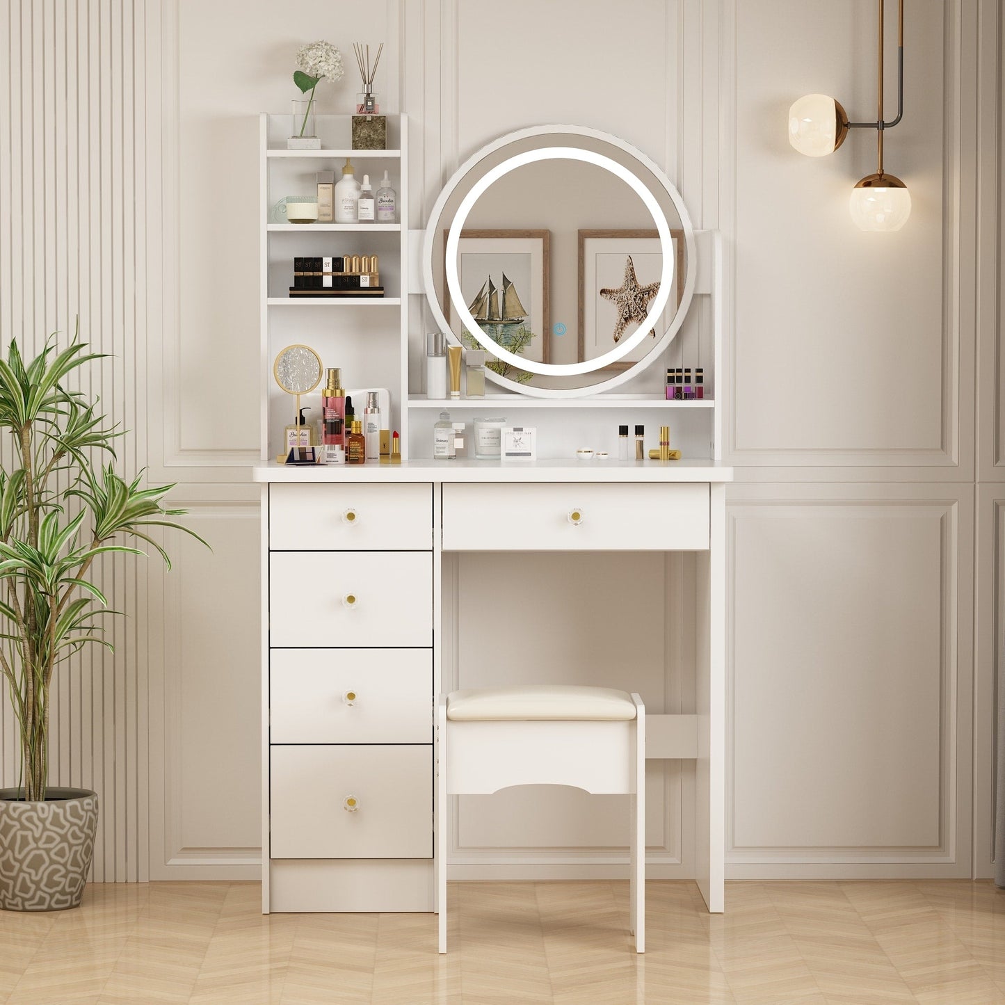 Ensemble coiffeuse avec miroir tactile et tabouret